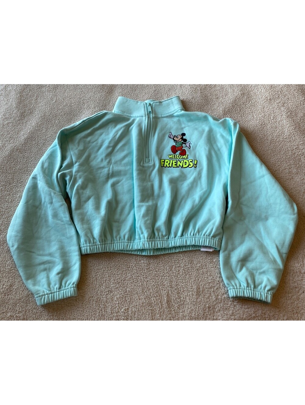 Disney Parks Mickey Mouse Welcome Friends Teal Crop 1/2 Zip Sweatshirt Women's M